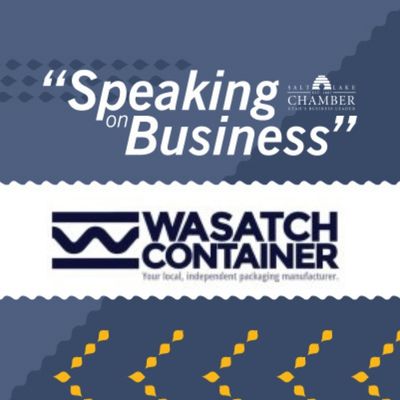 A logo with the words speaking for business wasatch container.