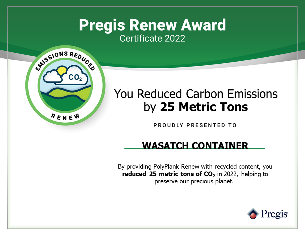 A certificate that reads pregis's new award for reducing carbon emissions by 24%.